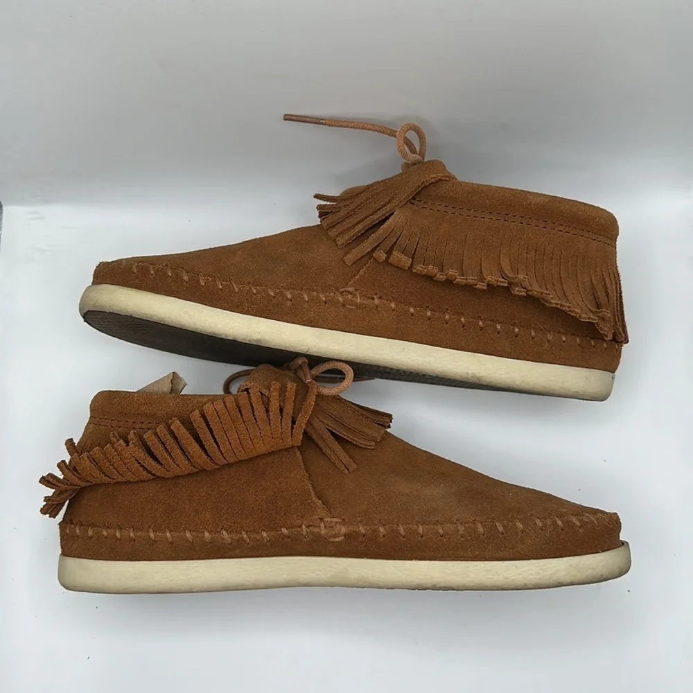 MINNETONKA BROWN LEATHER FRINGE PULL ON ANKLE BOOTIES SHOES WOMEN’S SZ 8